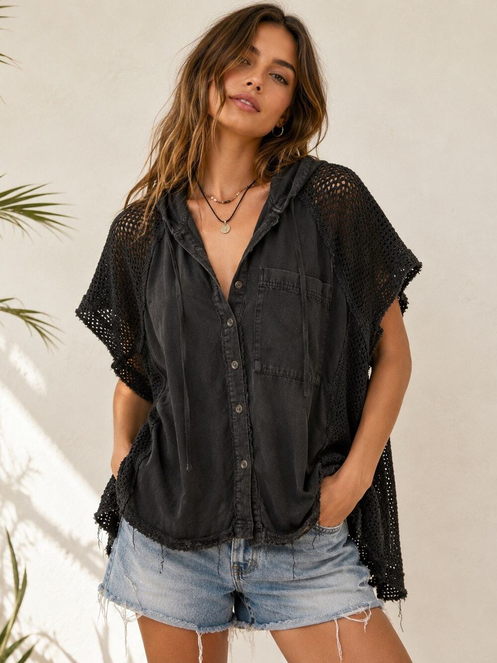 Free People We The Free Beach Club Buttondown Black Crochet Hooded Top S